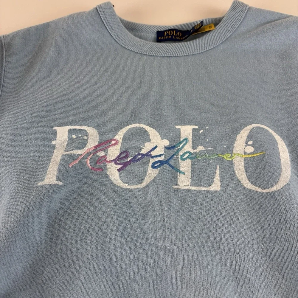 Polo Ralph‎ Lauren Sweatshirt Youth Large Blue Logo Pullover Women's Small Boxy